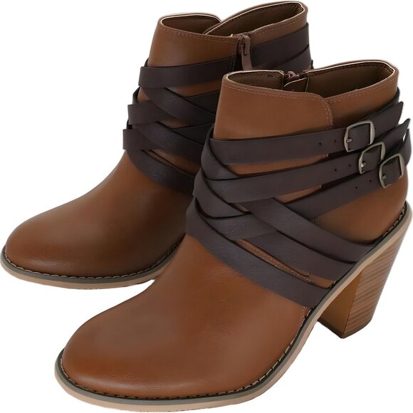 Journee Collection Tan Brown Strap Stacked Heel Booties Size 8.5W - Picture 2 of 6